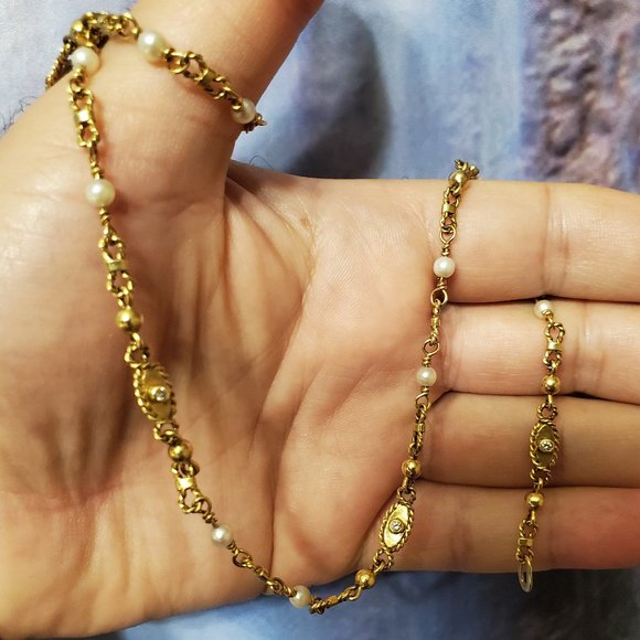 18K GOLD DIAMOND & PEARL NECKLACE. - Picture 3 of 11